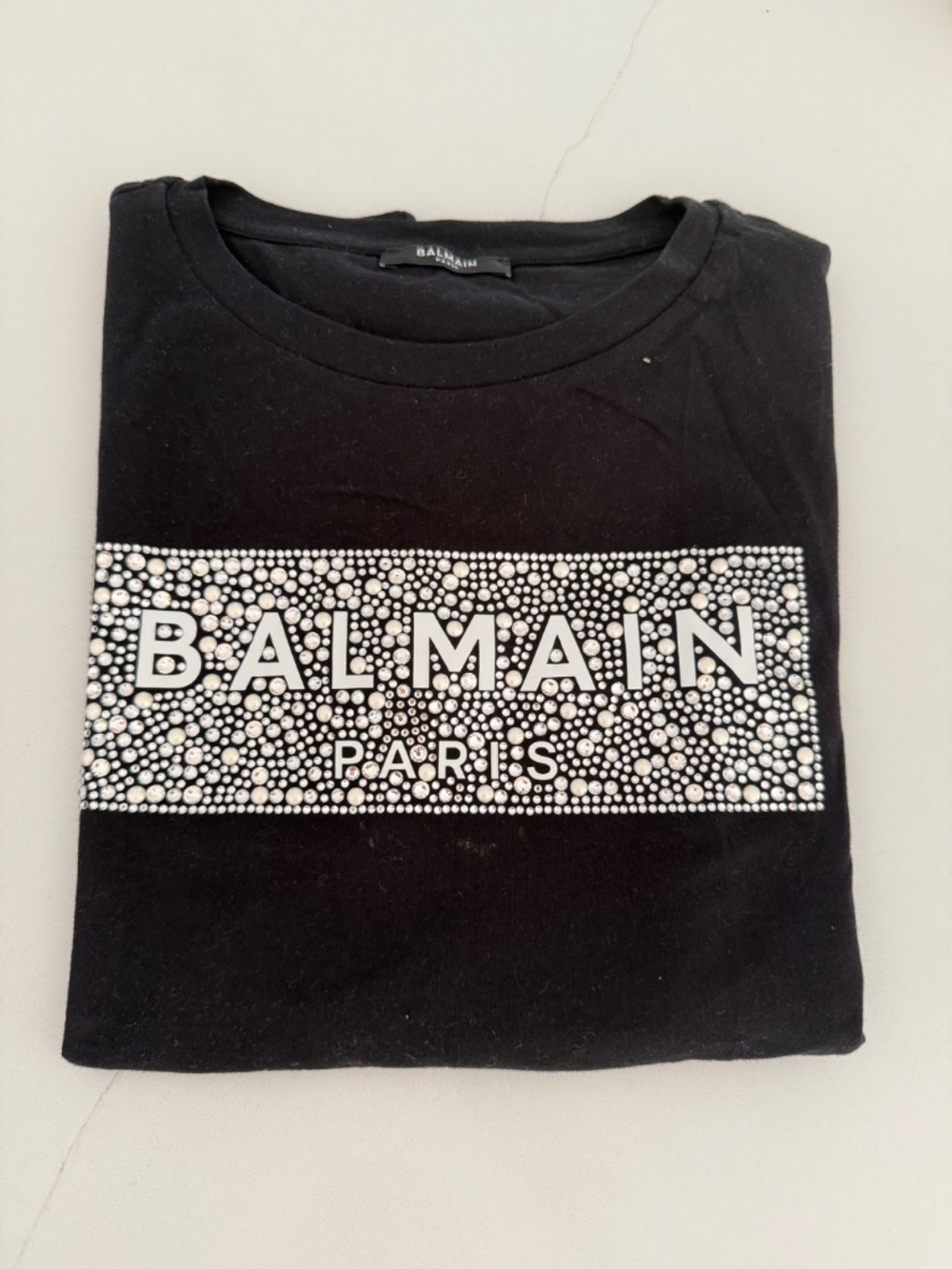 Balmain Black Rhinestone Logo Short Sleeve Tee Shirt Girls Size 12